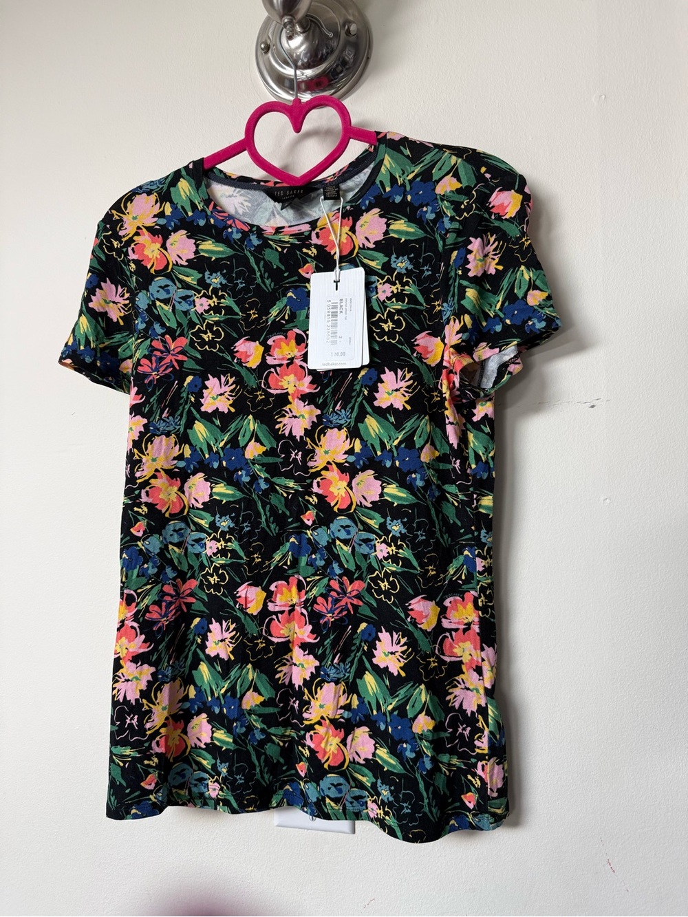 Ted Baker London Black Floral Short Sleeve top with Multicolor Blooms